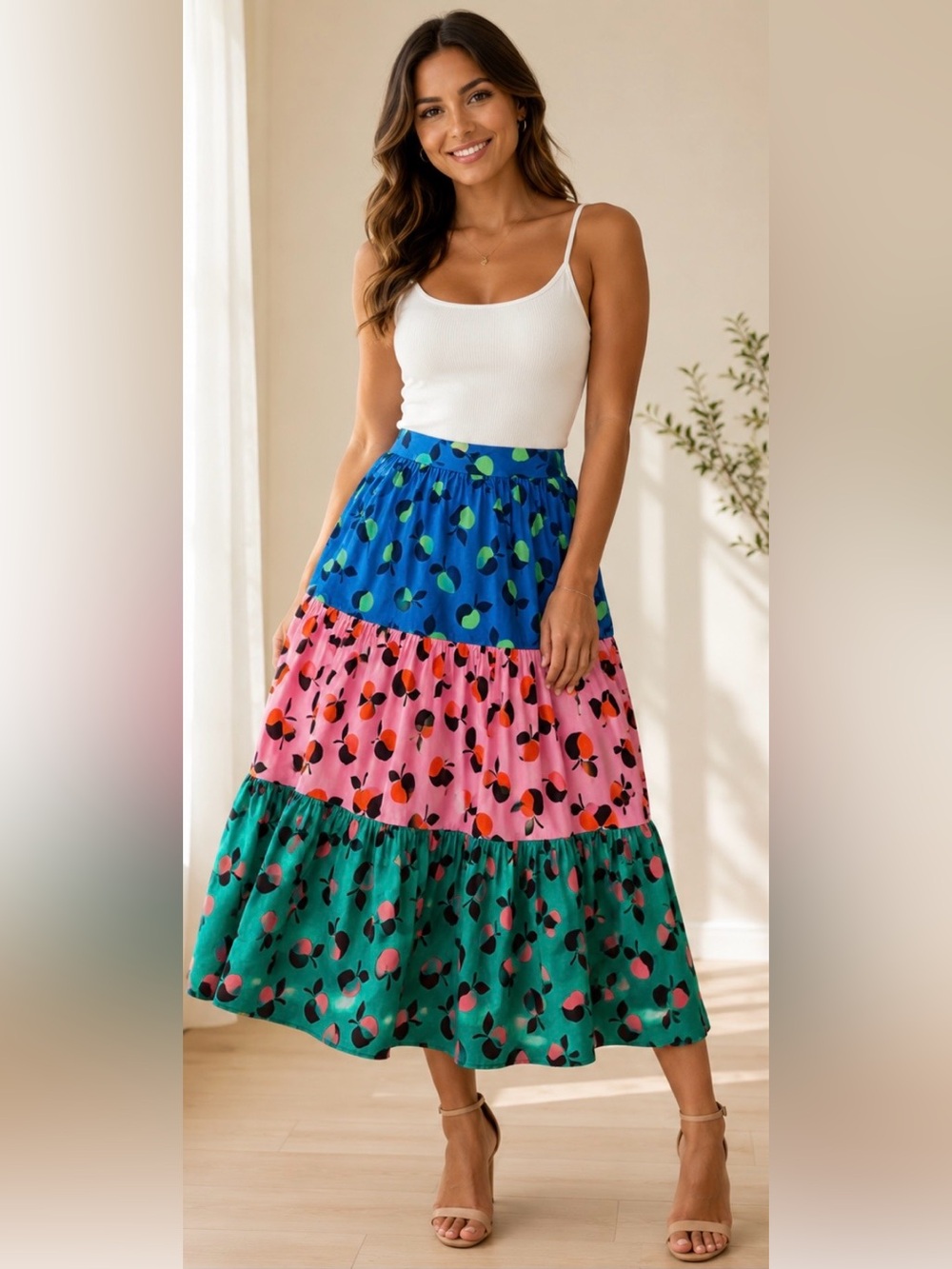 kate spade Blue, Pink & Green Tiered Maxi Skirt
